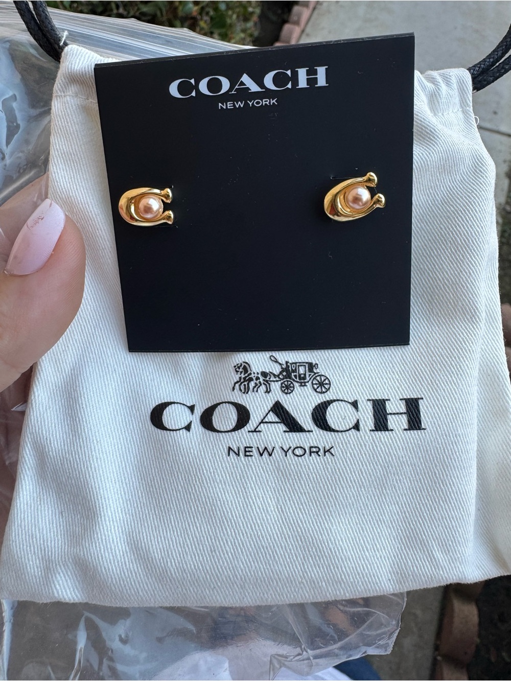 Coach Gold-tone Earrings with Pink Pearl Accent